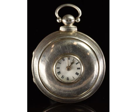 Unnamed hallmarked silver pair cased half hunter pocket watch with gold hands, black Roman numerals, white enamel dial and ma