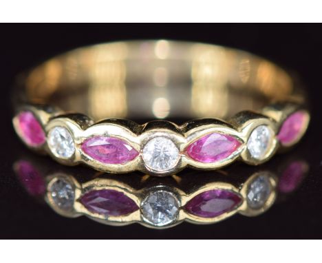 An 18ct gold ring set with marquise cut pink sapphires and diamonds, 2.8g, size O