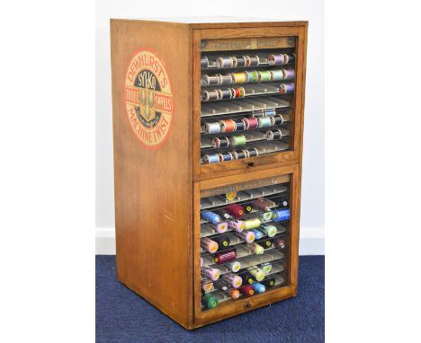 Dewhurst's Sylko Three Shells Machine Twist Silk Substitute oak shop advertising / haberdashery cotton reel display cabinet w