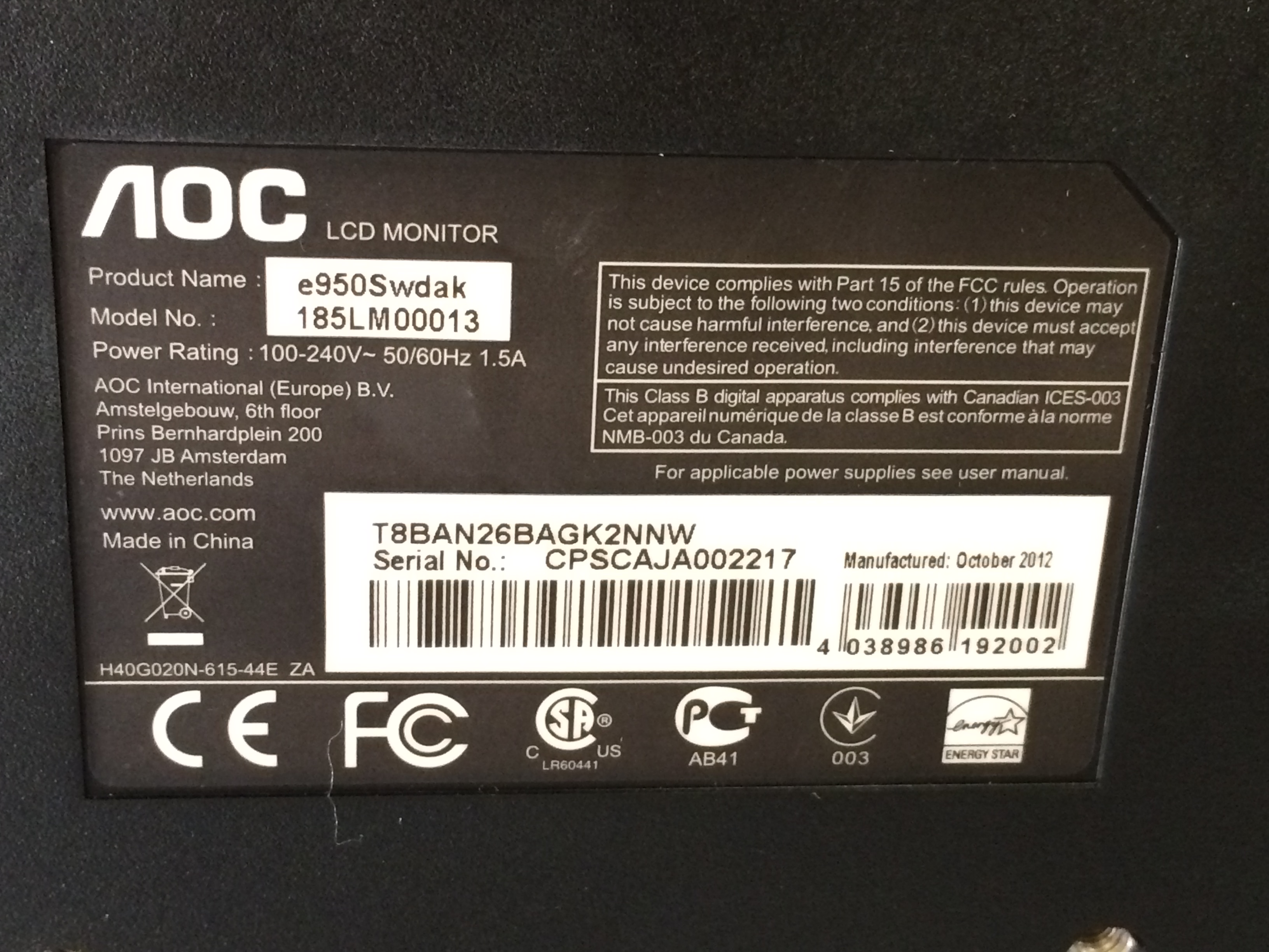 AOC LCD Monitor ( Model Number 185LM00013 ) With VGA & Power Cable