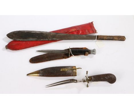 Early 20th century Kenyan Kikuyu Simi knife, crude, leaf shaped blade, held in wooden scabbard, hilt and scabbard bound with 