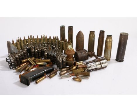 Selection of shell cases, projectiles, link, and belt ammunition, inert, and the inner mechanism of a German MG 34/42 drum ma