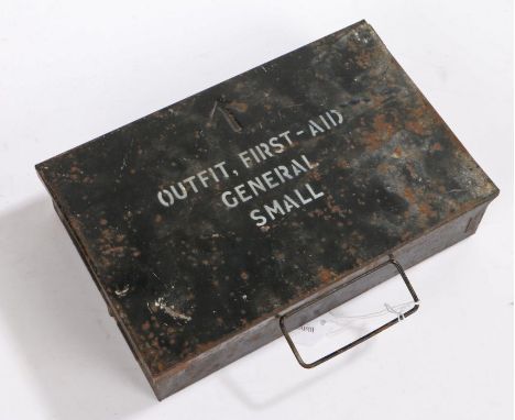 Second World War British First Aid case for vehicles, black painted tin with 'First Aid General' to top with embossed broad a