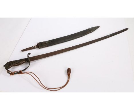 Imperial German M1864 Faschinenmesser, curved steel blade in poor condition, handle missing, held in leather scabbard with br