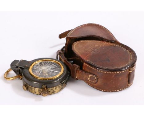 Short &amp; Mason MK VII compass and case dated 1916, glass cracked, held in leather case marked Hathaway Son &amp; Co, Walsa