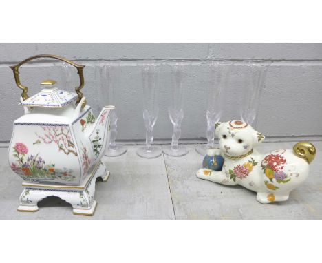 A set of six champagne glasses, a Japanese teapot with stand and a Satsuma china puppy **PLEASE NOTE THIS LOT IS NOT ELIGIBLE