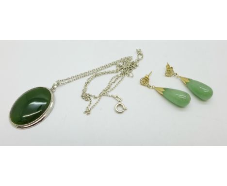 A pair of yellow metal and jade earrings and a silver and jade pendant 