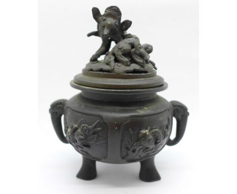 A bronze incense burner, 13cm (small pin hole in base) 
