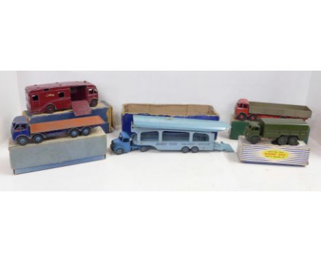 Five boxed Dinky Toys, including Pullmore Car Transporter and 10-Ton Army Truck, playworn 