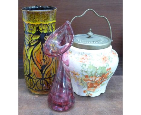 A Poole Pottery vase, biscuit barrel and a glass posy vase 