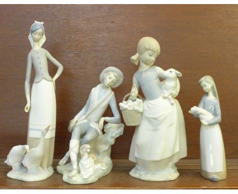 Four Lladro figures; 'Girl with Geese' (1035), designer Juan Huerta, designed 1969, retired 1995, 27cm, 'Girl with Lamb' (465