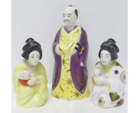 Three small Royal Worcester oriental candle snuffs, Samurai and Japanese Girl x2 
