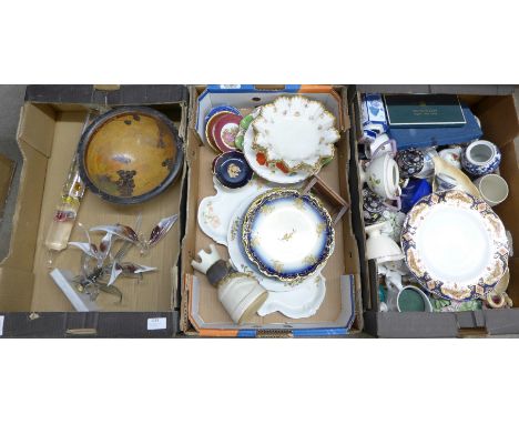Three boxes of mixed decorative china, a Murano glass fish display and a novelty glass and liquid thermometer **PLEASE NOTE T
