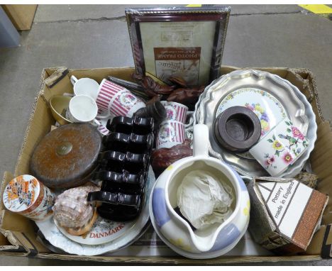 A collection of mixed china including a Copeland Spode plate, china toast rack, Old Foley, carved wooden items, etc. **PLEASE