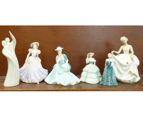Six figures; Royal Worcester Catherine, a/f (hat), three Coalport including Hayley, a Royal Doulton figure, Tracy and one oth