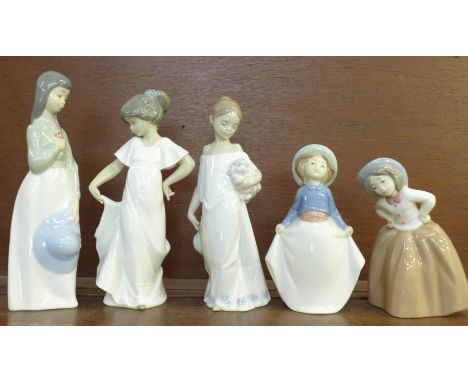 Five Nao figures, 'Girl picking up her Skirt?, designer José Puche in 1992, ?Inquisitive Girl?, designer José Puche in 1992, 