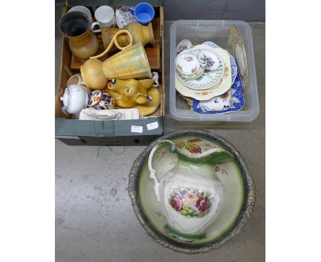 Two boxes of mixed china including Beswick, Royal Doulton and Royal Worcester and a wash jug and bowl **PLEASE NOTE THIS LOT 