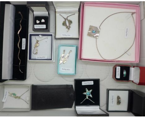 A collection of silver and silver mounted jewellery, including opal set 