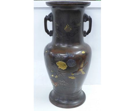 A Japanese bronze vase, Meiji period, base restored, 45cm 