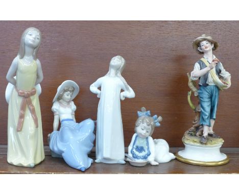 Four Lladro/Nao figures and a Capodimonte figure of a fruit seller, ?Girl with Hands Akimbo? (Lladro 4872) a/f, designed by F