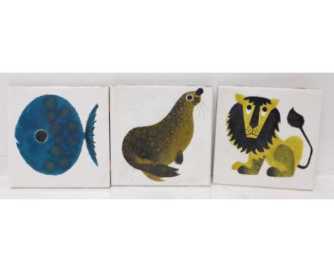 Three 1970's 6" square ceramic tiles, designed by Kenneth Townsend 