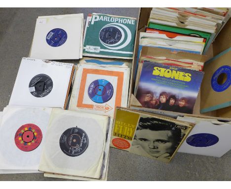 A box of 130 7" vinyl singles, including The Beatles, Rolling Stones, The Animals, Scaffold, Billy Fury, Everly Brothers and 