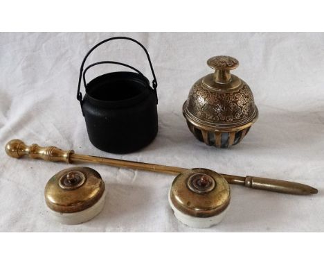 BRASS BELL, GLUE POT & 2 LIGHT SWITCHES & POKER 