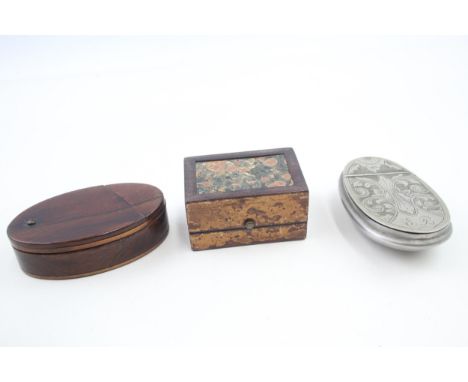 19th Century Snuff / Trinket Boxes Inc. Oval Engraved White Metal &amp; Treen x 3