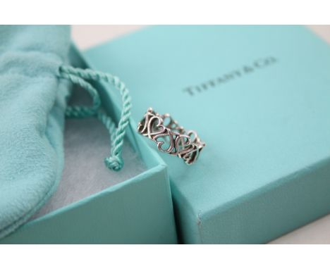 Tiffany &amp; Co Sterling Silver Band Ring w/ Open Work Heart Design &amp; Box 3g