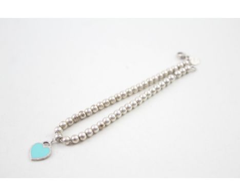 Tiffany &amp; Co Sterling Silver Beaded Bracelet w/ Enamel Heart Charm 6g