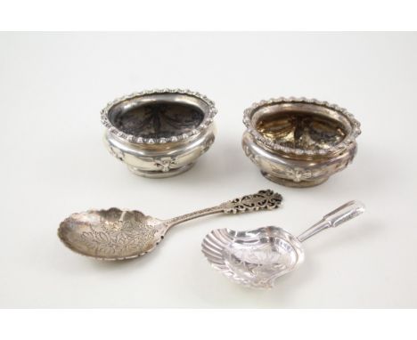 4 x .925 sterling silver condiment dishes &amp; caddy spoons