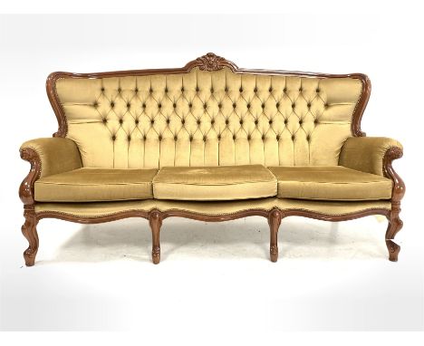 French style beech framed three seat sofa, button back upholstery, raised on four shaped front supports L200cm