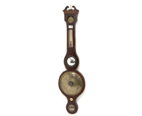 George III inlaid mahogany wheel barometer, thermometer and hydrometer in banjo pattern case, with silvered dials, convex mir