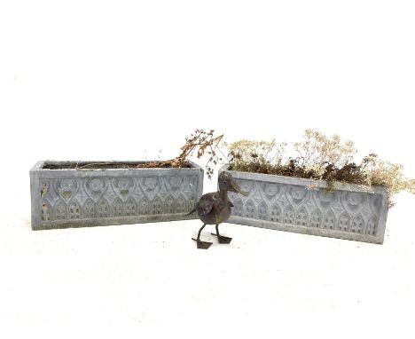 Pair of lead effect trough shaped planters, (W51cm) together with a small garden ornament