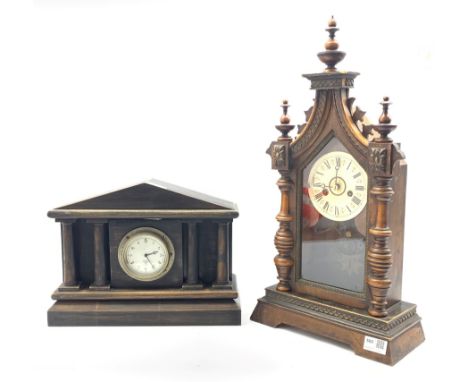 Victorian walnut mantle clock, the case with turned finials and half round pilasters, white applied paper dial with Roman cha