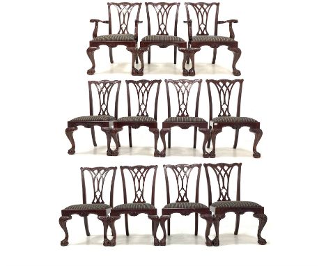 Set of eleven (9+2) Chippendale style mahogany dining chairs, leaf carved and shaped crest rail over pierced splat, drop in u