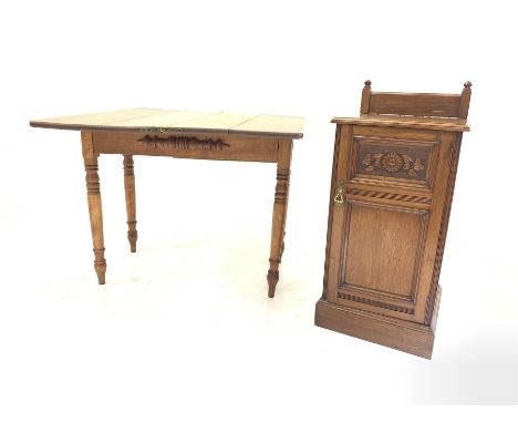 Edwardian walnut bedside cupboard, with raised back over one panelled door enclosing shelf, (W41cm) together with an oak and 