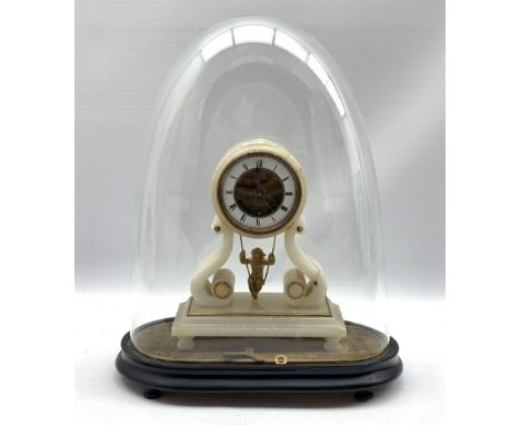 Late 19th century French alabaster mantle clock, white enamel dial with Roman chapter ring and visible movement, gilt metal '