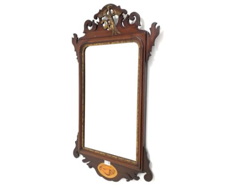 Chippendale style fret wall mirror with bevelled glass, surmounted by gilt ho-ho bird 92cm x 52cm