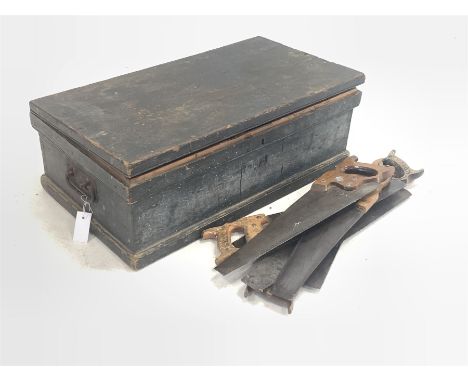 19th century stained pine carpenters chest, containing various planes, set squares tools etc