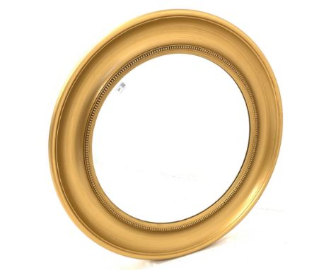 Circular gilt framed wall mirror, beaded moulding to frame enclosing bevelled plate D90cm