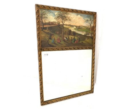 20th century gilt framed wall mirror, bevelled plate surmounted by an oil on panel landscape 56cm x 84cm