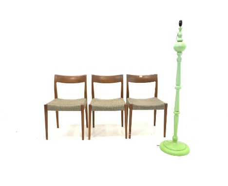 Troeds - Set of three mid century teak dining chairs, with upholstered seats raised on square tapered supports (W47cm) togeth