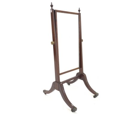 Early 19th century mahogany cheval dressing mirror, turned urn finials over square tapered and moulded uprights, swing mirror