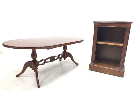 20th century mahogany bookcase with one adjustable shelf (W47cm) together with a cross banded mahogany oval coffee table (W12