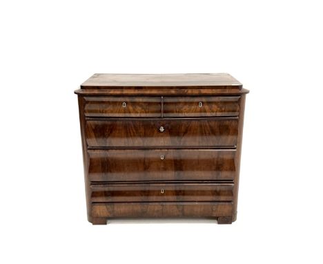 19th century continental mahogany four drawer chest, the figured caddy top over two short and two long cushion fronted drawer