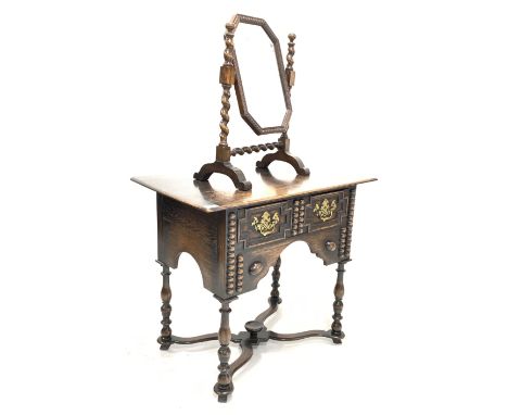 Antique design oak lowboy, fitted with one drawer, raised on turned supports with shaped 'X' stretcher (W74cm) and an oak swi