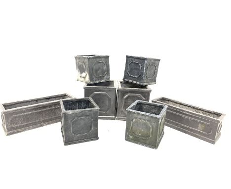 Eight cube lead effect moulded poly garden planters (26cm Max) together with two similar trough shaped planters (W51cm)