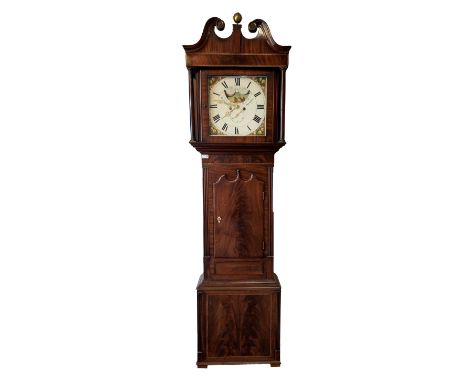 Late Georgian figured mahogany longcase clock, the hood with swan neck pediment surmounted by brass ball finial over case wit