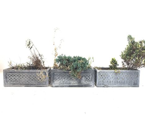 Pair of lead effect trough shaped planters, and another similar planter W71cm